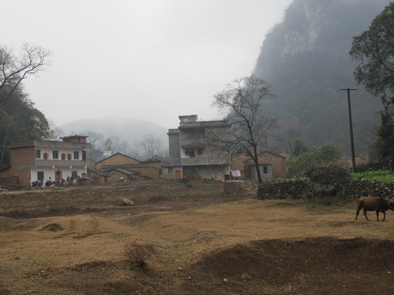 峠から東岸村の水田と畑が見えます