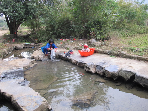 桃の木に堆肥をやる農家の人.桂林観光