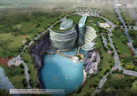 五つ星ホテルの効果図:室内花園+瀑布景観